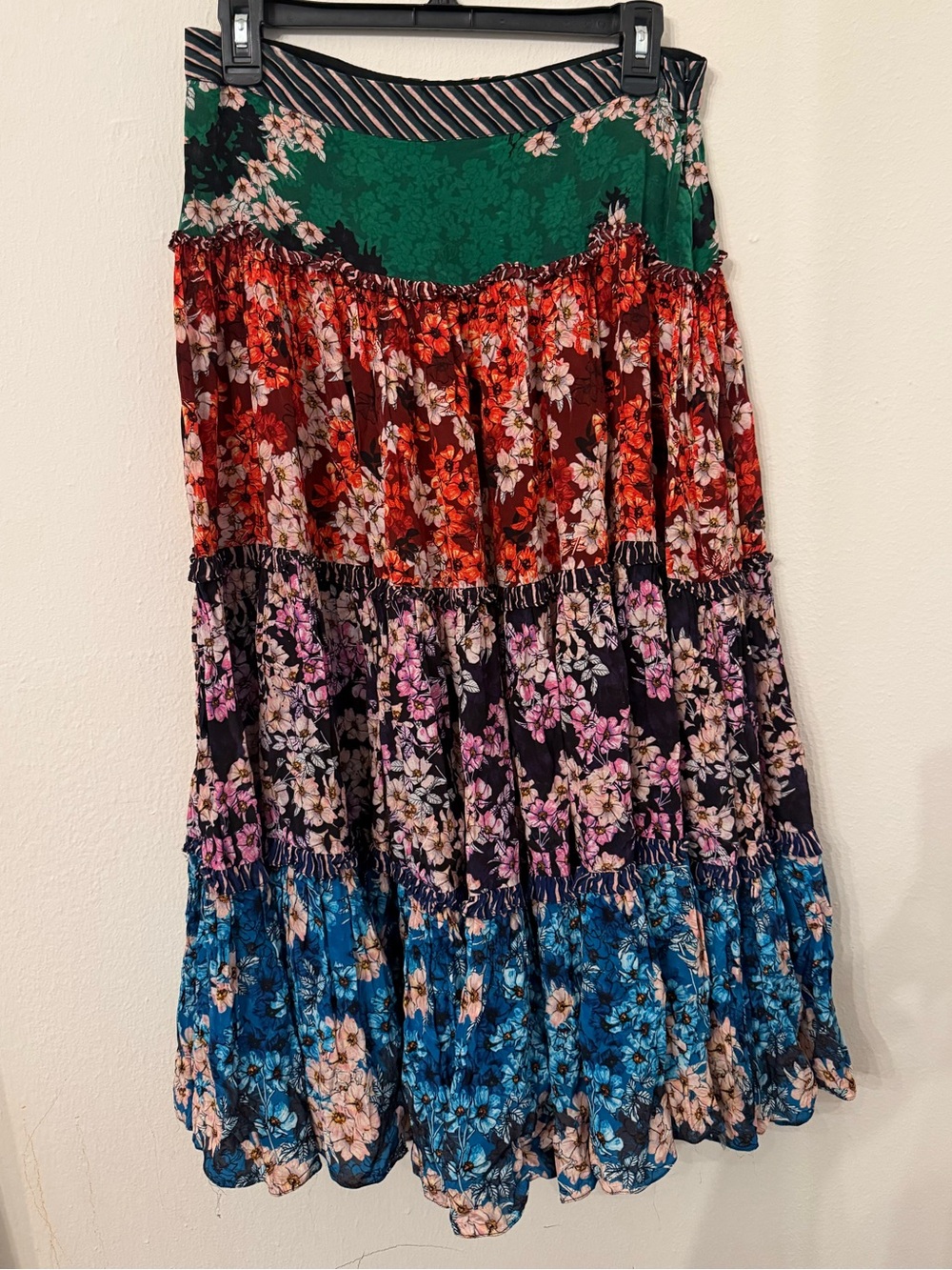 Anthropologie Tiered Floral Maxi Skirt in Green, Red, Purple and Blue